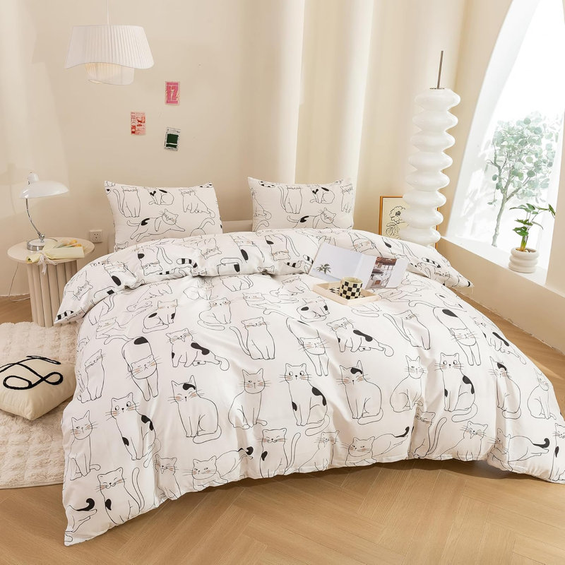 3 PCS Cartoon Cats Duvet Cover Ultra Soft & Breathable Comforter Cover, King Duvet Cover + 2 Shams