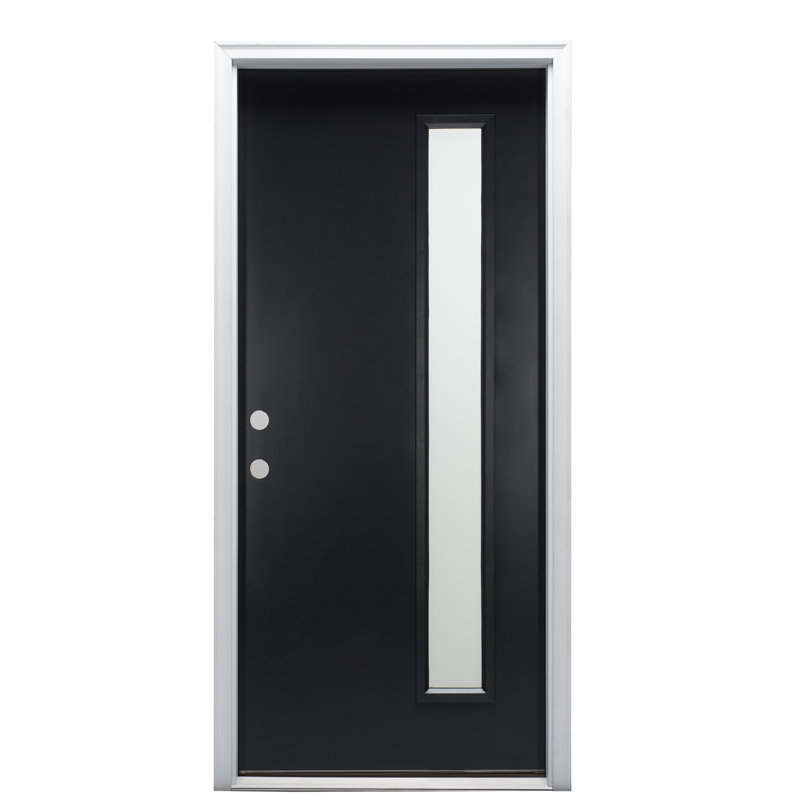 Porte d'entrée pré-suspendue à 1 lumière en acier peint 1 lumière, S'ouvre à droite vers l'intérieur, Noir / givré