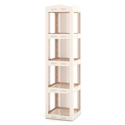 Bibliothèque pliable et pivotante à 4 niveaux avec base pivotante à 360°, panneaux translucides et conception d'angle gain de place, blanche