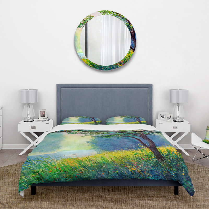 Forêt d'été avec rivière et cascade - ensemble de housse de couette traditionnel - microfibre de polyester