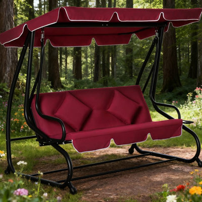 Balançoire rouge à 3 places avec auvent, coussin amovible et porte-gobelets, pour les espaces extérieurs dans le porche de la cour arrière, convertible en lit, structure en acier thermolaqué Capacité de 748 lb