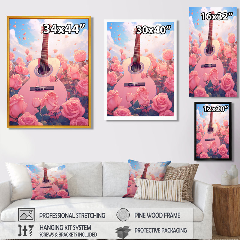 Guitare rose dans un champ de roses roses - musique, art mural, Toile avec cadre flottant noir, H 32 po x l 24 po x P 1 po