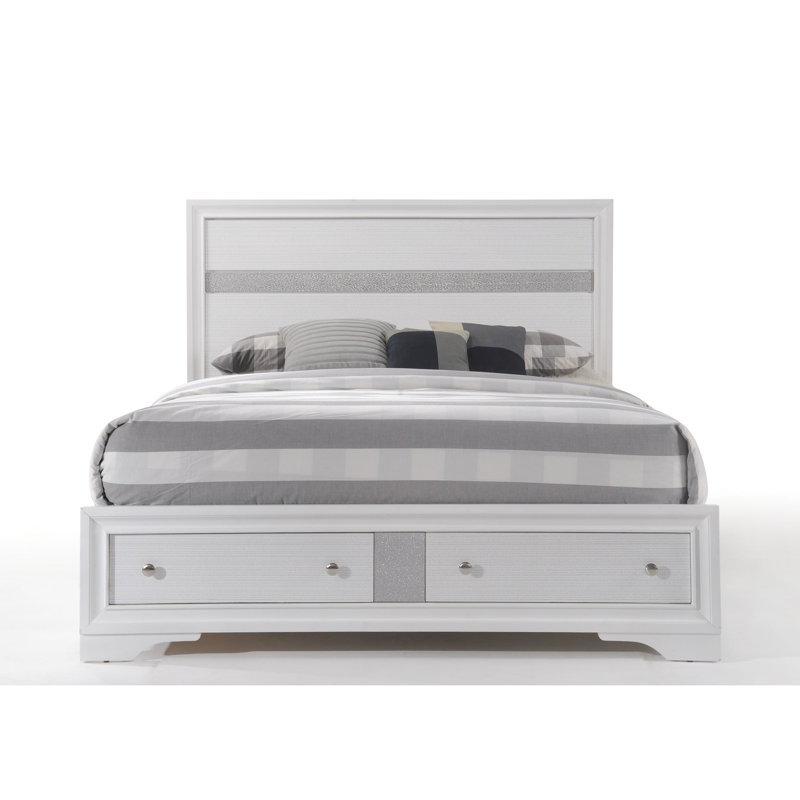 Low Profile White Ek Bed With Storage Space Availability, 5 Slats And 8 Support Legs, Made Of Particleboard Veneer, 700Lbs Limit Provision, Panels, No Box Spring, Quick Setup