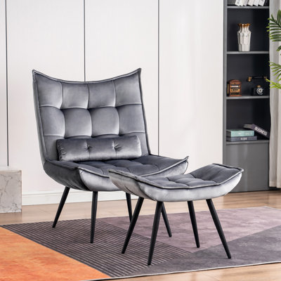 Cellan Accent Chair With Ottoman, Velvet Modern Tufted Wingback Club Chair