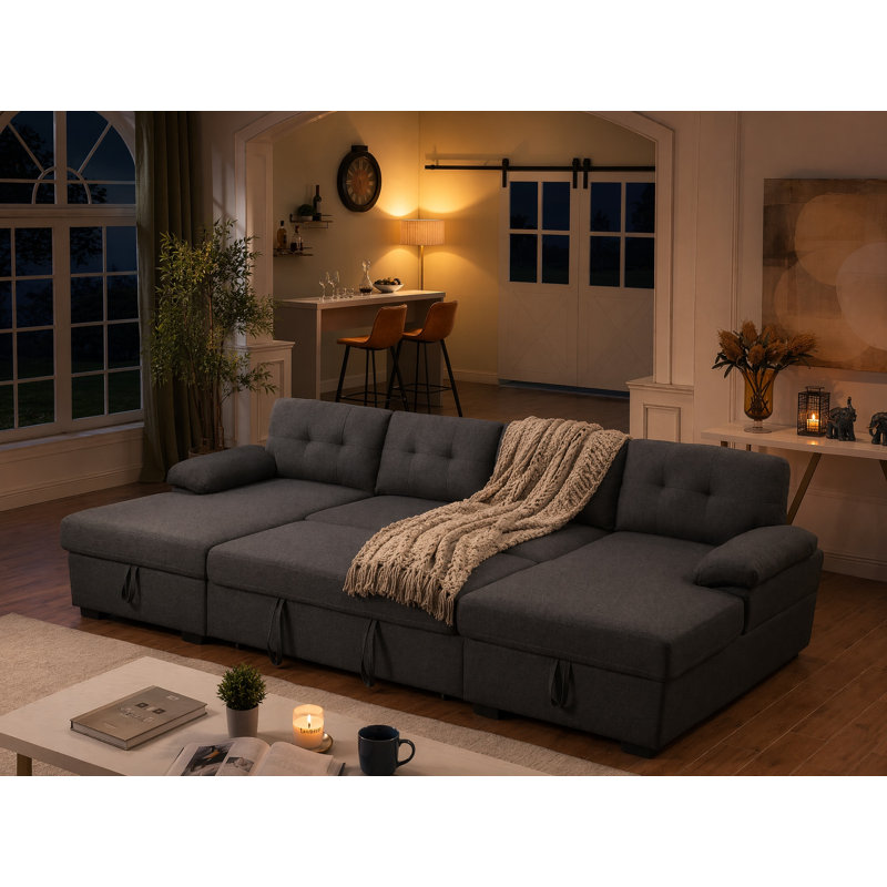 Canapé-lit modulaire rembourré et méridienne Micia, 100 % polyester gris foncé