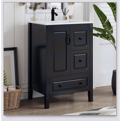Meuble-lavabo de 24 po avec lavabo, portes et tiroirs à fermeture en douceur, poignées en métal rétro, fabrication en panneau de fibres à densité moyenne durable