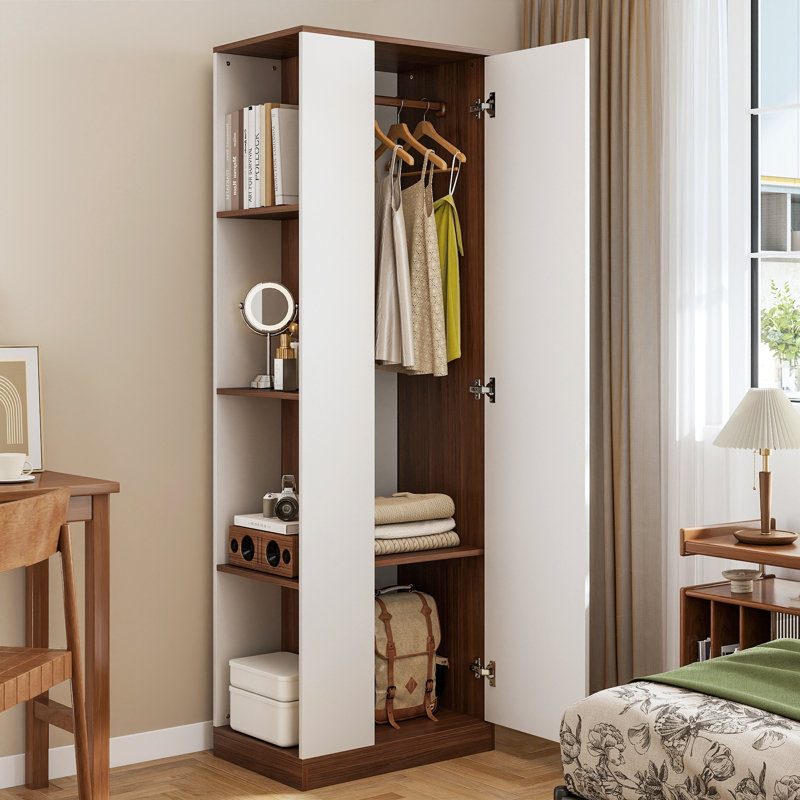 Garde-robe 1 porte avec tringle et 5 rangements, Noyer