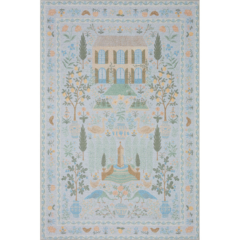 Tapis bleu clair Rifle Paper Co. x Loloi Menagerie Men-03 Camont, Rectangle 3 pi 9 po x 5 pi 9 po