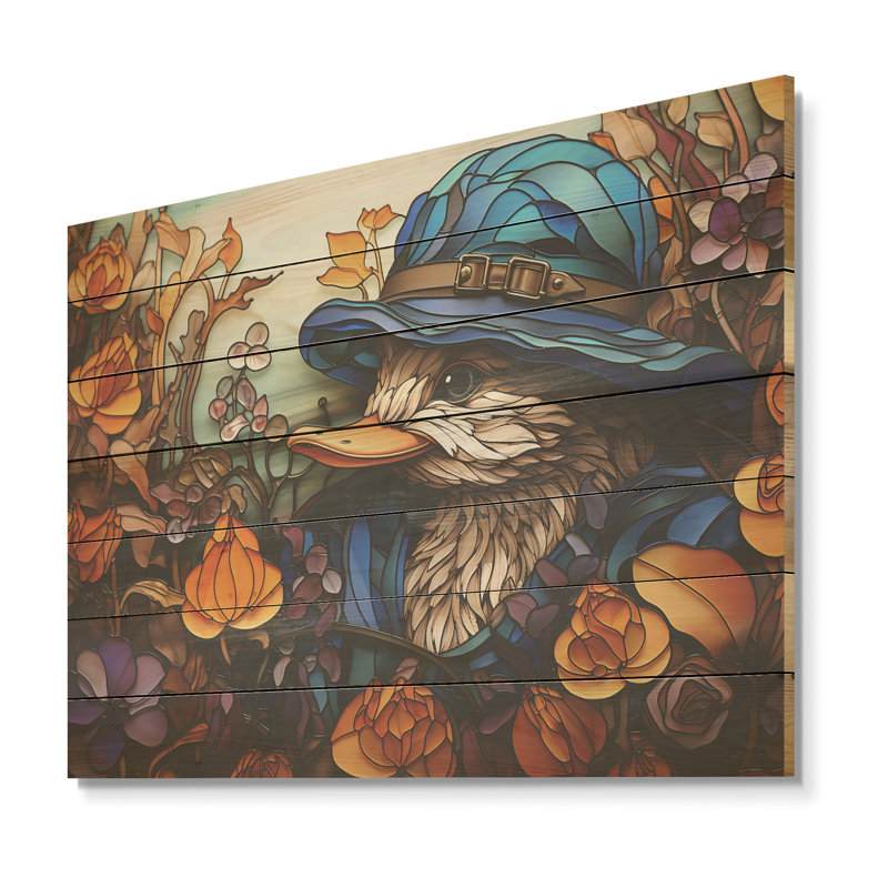 «Blue and Orange Duck Blooms Mosiac» - animal canard sur bois, H 30 po x l 40 po