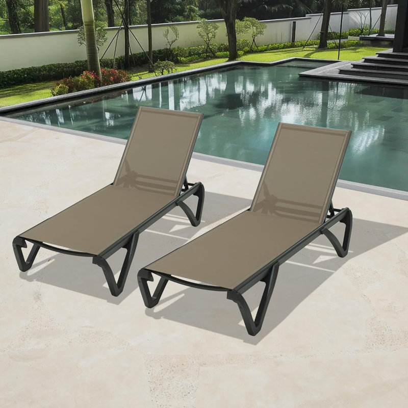 Pool Lounge Chairs Set of 2, Aluminum Patio Chaise Lounge with Wheels, 5 Position Adjustable, All Weather Outdoor Lounge Chairs for Beach