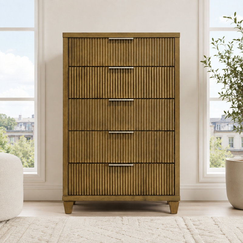 Aurelin Mid-Century Modern 28.7"W 5 Drawer Chest, Antique Oak