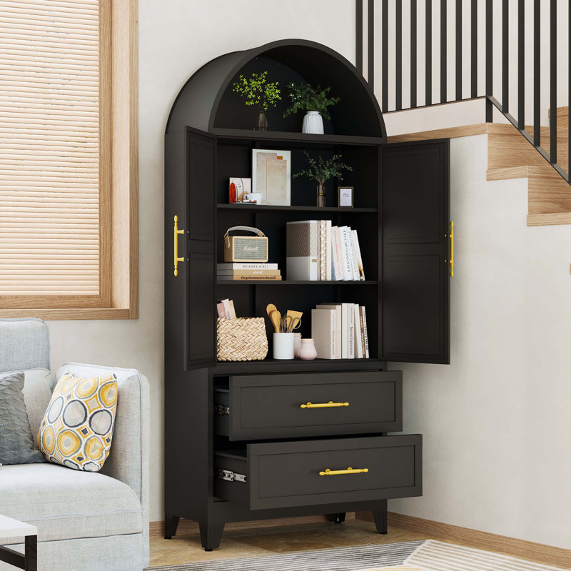 Armoire arquée en métal de 73 pouces de haut avec 2 portes, 2 tablettes réglables et rangement ouvert, style campagnard moderne pour une utilisation polyvalente