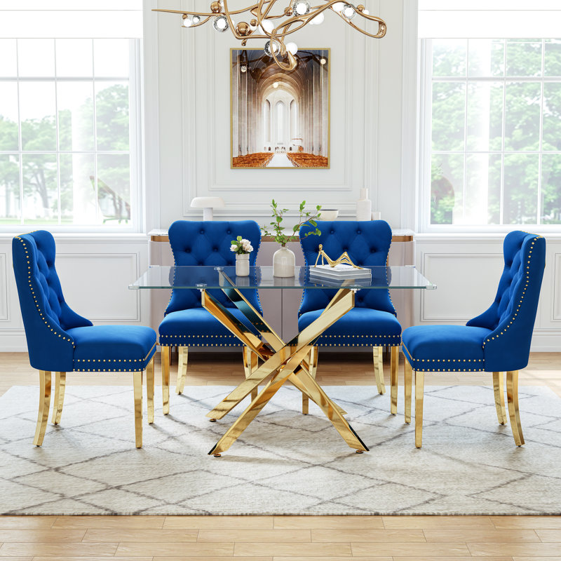 Modern Glass Dining Table Set For 4, 50" Rectangular Tempered Glass Dining Table With Velvet Upholstered Seats, Blue/Gold