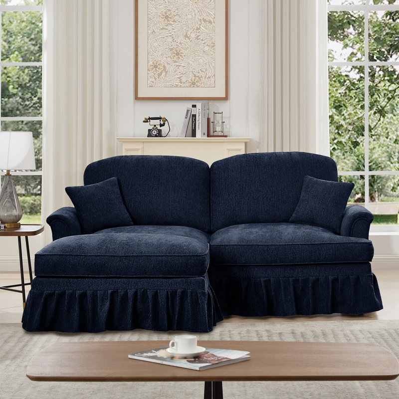 Causeuse en chenille avec accoudoirs évasés et repose-pieds, Bleu