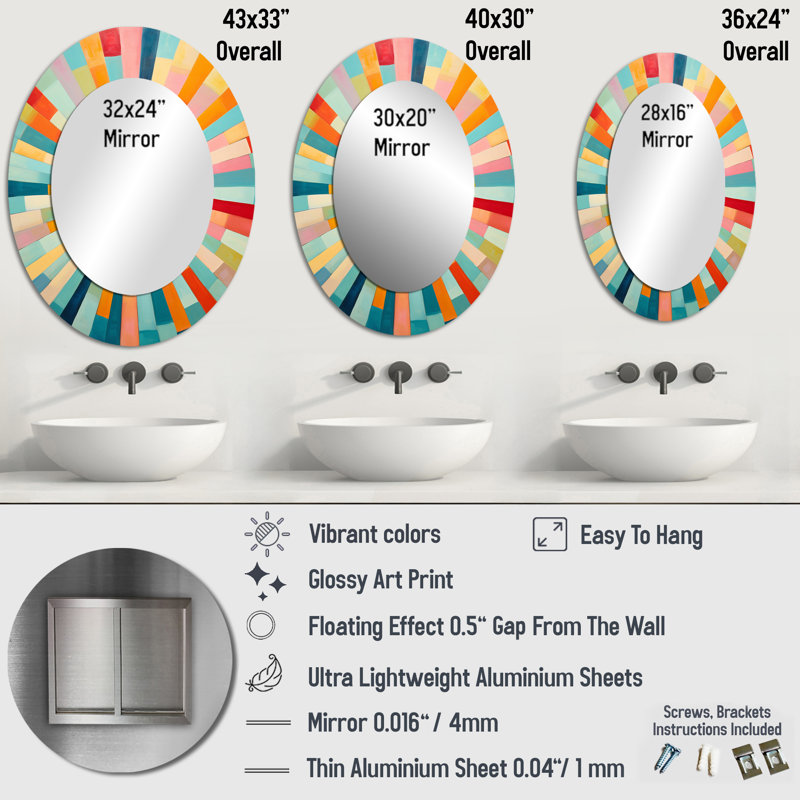Coloré Mid Century Optique Serenade III - Miroir mural multicolore, 40 po x 30 po