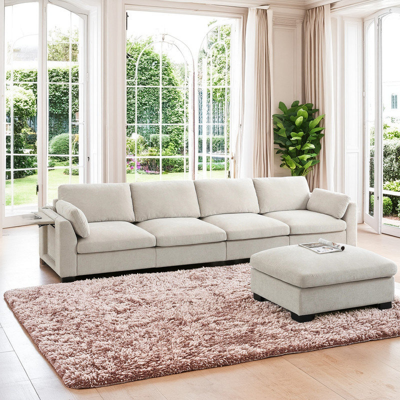 Canapé modulaire en forme de L de 130 po avec table pliante, charge, rangement, repose-pieds, chenille, Beige