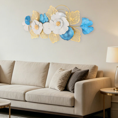 Large 3D Metal Leaf Wall Art Modern Flower and Leaf Wall Sculpture, Hanging Metal Decor for Living Room and Bedroom