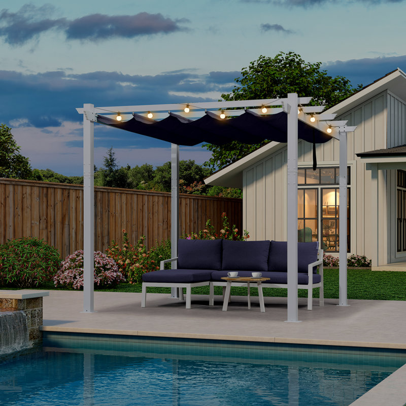 Pergola en aluminium avec auvent, L 10 pi x 10 pi, Bleu marine, Blanc