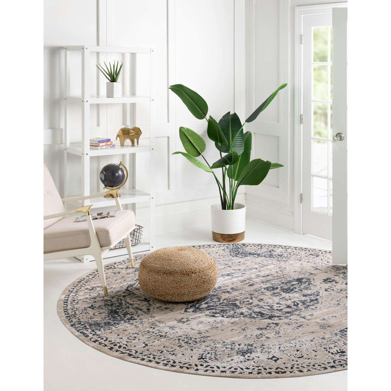 Arkeen Oriental Dark Blue/Beige/Ivory/Gray Area Rug, Round 7'10"