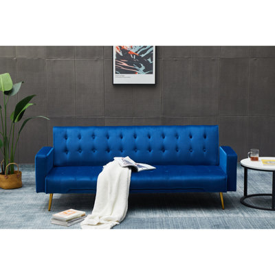 Lit bleu foncé pour un confort optimal à la maison - Pieds en métal doré, 3, Velours, Bois massif + , Produit facile à assembler avec un fonctionnement fluide et pratique pour le salon