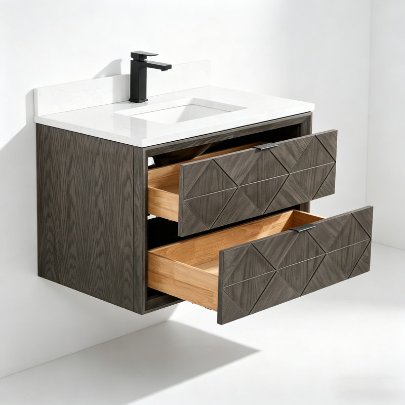 36" Transitional Floating Single Sink Solid Wood Gray Oak Bath Vanity with Engineered Marble Top, Gray Oak