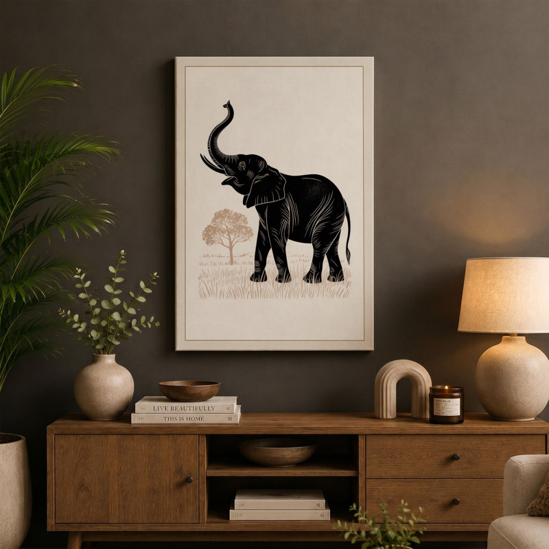 Elephant in Profile Japandi 1 Piece Wrapped Canvas Wall Art, 24x16 - 61.0 x 40.6 cm, Teal Border