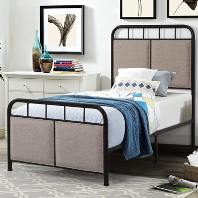 Lit simple, lit plateforme en métal, revêtement en lin, tête de lit en tissu, structure de pied, longue durée, fonctionnement silencieux, assemblage rapide sans complexité, aucun sommier tapissier requis, lit d'une capacité de 250 lb