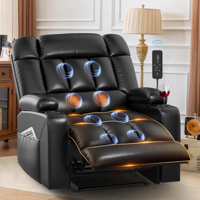 Varela Oversized Recliner With Massage Heat, Recliner Chair With Storage Armrests, Side Pockets, Cup Holders Extended Footrest, Faux Leather Manual Re by Latitude Run