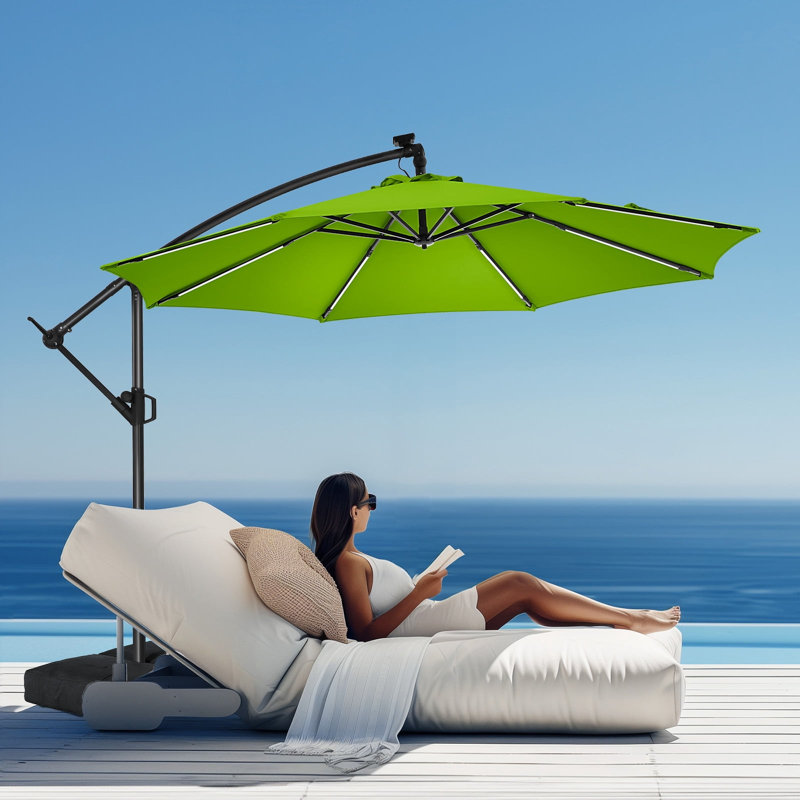 Parasol en porte-à-faux de 120 po, parasol de patio suspendu décalé de 10 pi avec 32 lumières DEL et inclinaison facile, abat-jour de parasol extérieur commercial pour la cour, la piscine, la plage et le jardin