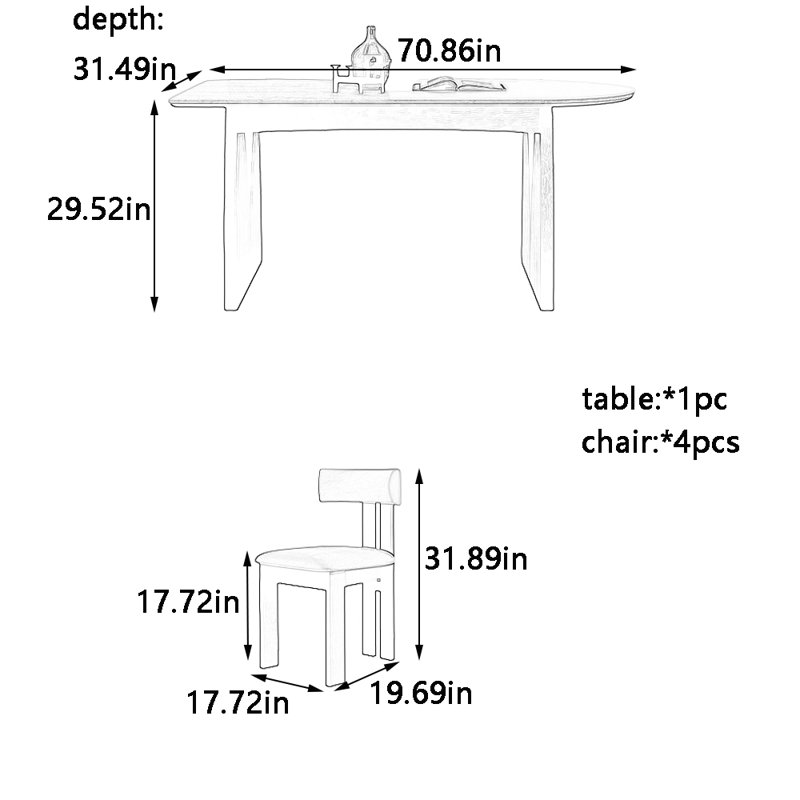 Vintage style dining table and chair set, 29.52" H x 70.86" L x 31.49" W