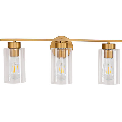 3- Brushed Gold Wall Lamps For Bathroom Mirror, Modern Design With Clear Glass, E26 Base, Dimmable, 22.4X8.7X6.9 Size, 110 - 120V Ac Hardwired Vanity Lights Glass Shade, Bedroom, Upward And Downward