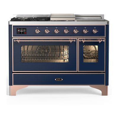 Cuisinière à double combustible de 48 pouces avec 5 brûleurs scellés, plaque chauffante et comptoir French Mightnight de Majestic III Series (propane liquide, garniture en cuivre)