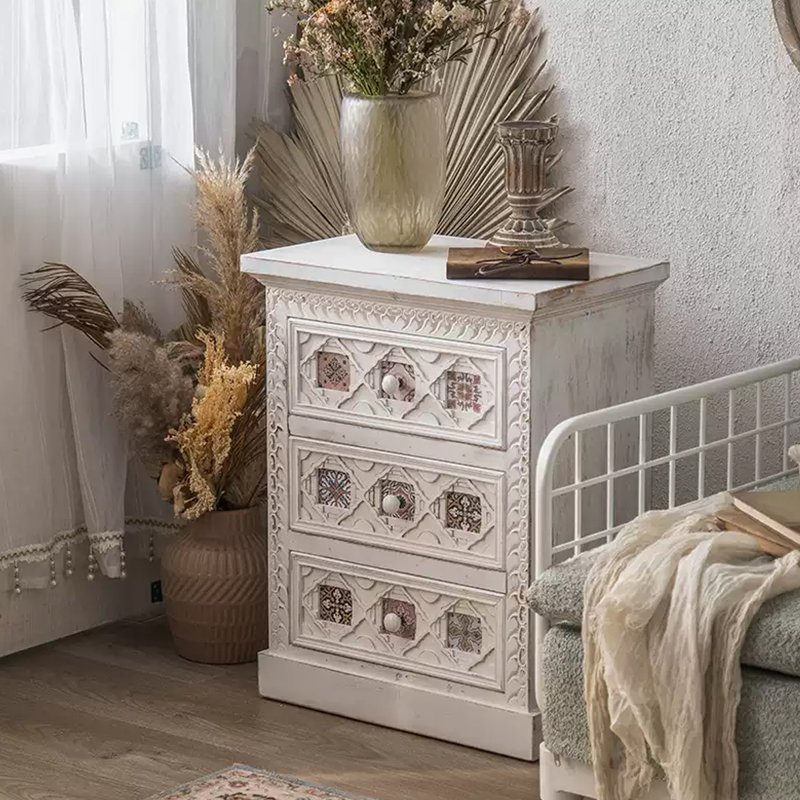 Retro White Solid Wood Accent Cabinet