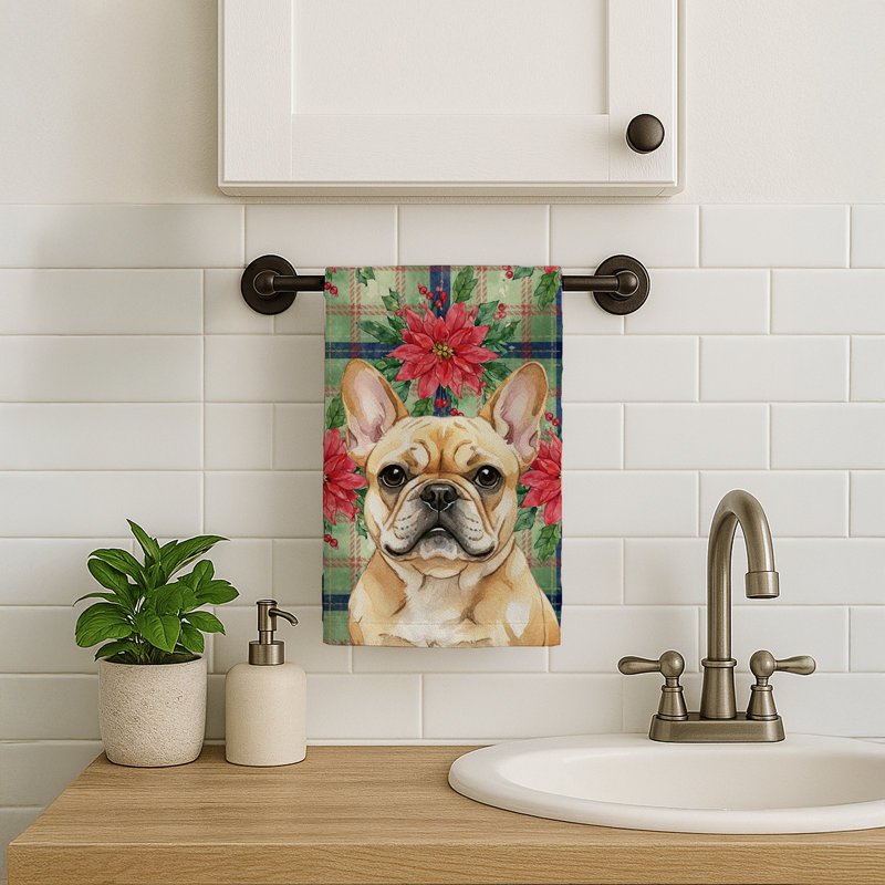 Fawn French Bulldog Christmas PoinsettIas Kitchen Towel, Fawn French Bulldog
