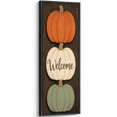 «Stacked Pumpkins Welcome Rustic Autumn», impression murale sur toile encadrée