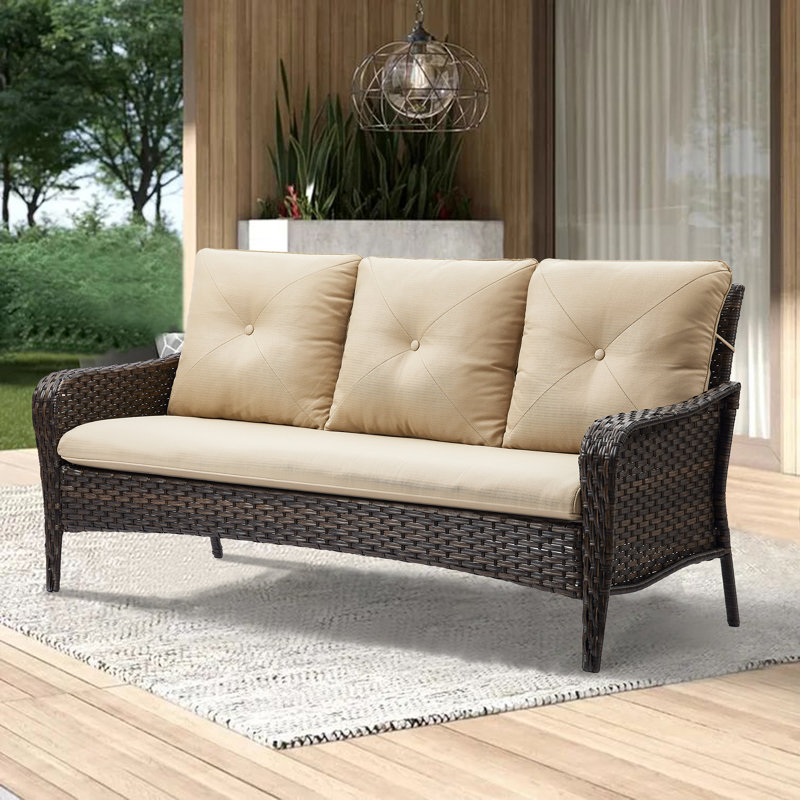 Canapé d'extérieur en osier de 75,5 po de largeur avec coussins, Beige