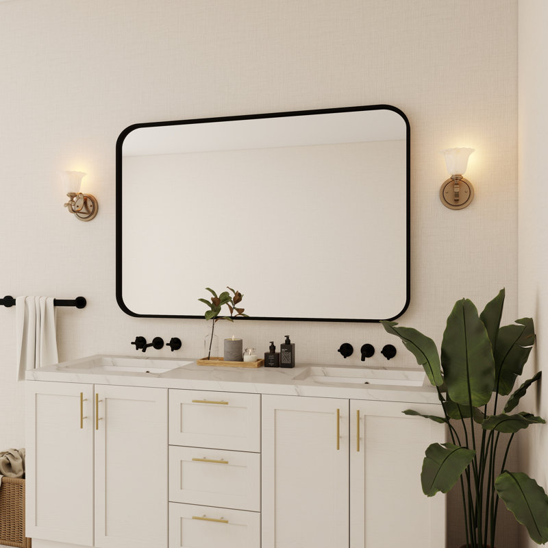 Élégant miroir encadré en aluminium avec coin arrondi pour une décoration intérieure élégante, Noir mat, Rectangulaire