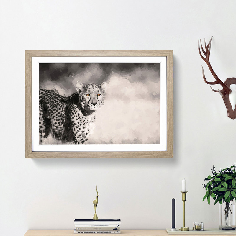 Cheetah with Orange Eyes in Abstract - Picture Frame Graphic Art Print, 36cm H x 48cm W x 2cm D, Oak Framed