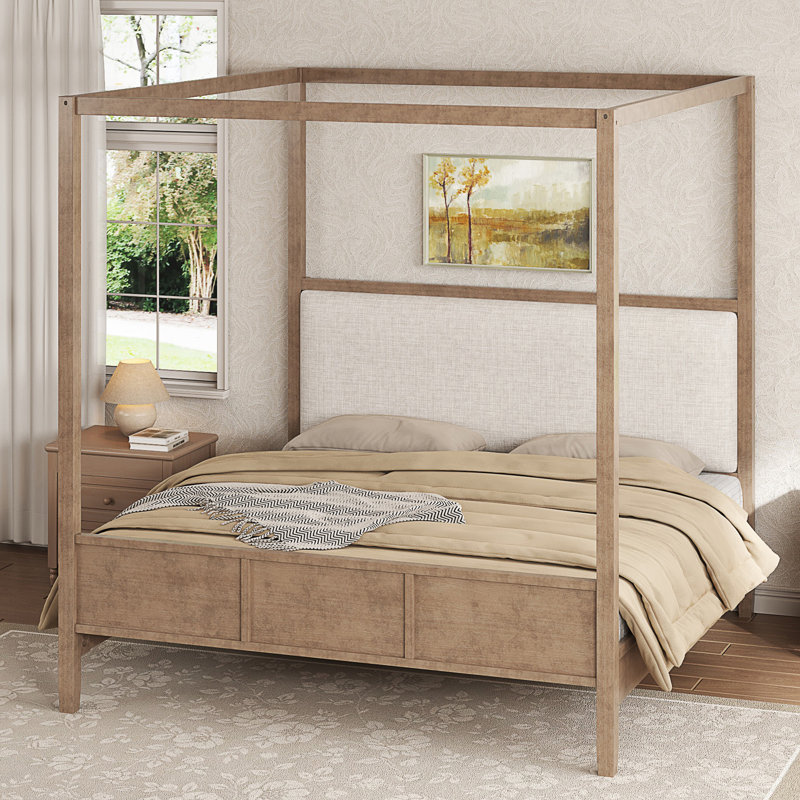 Grand lit plateforme à baldaquin en bois avec tête de lit tapissier, Natural Walnut, Grand lit