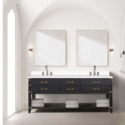 Meuble-lavabo double avec miroirs et tablette ouverte