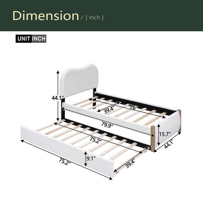 Lit plateforme tapissier avec pieds de support en bois et lit gigogne simple, Lit simple, Blanc