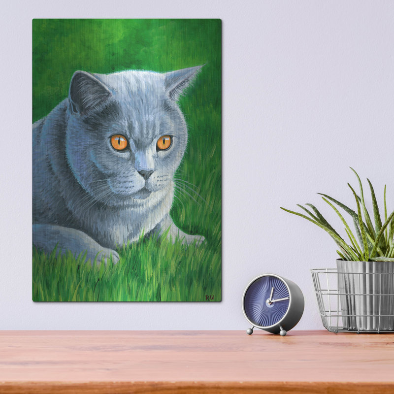 «Gray British Shorthair Cat» par Rebecca Wang, art mural en métal, H 16 po x l 12 po