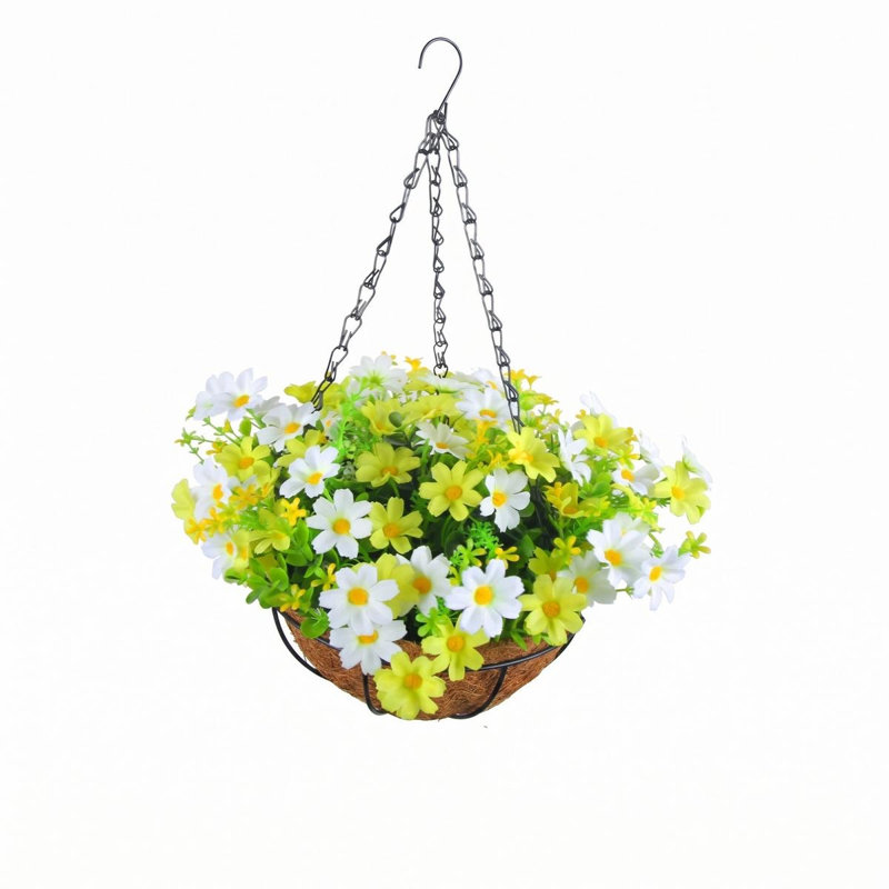 Faux paniers artificiels à fleurs suspendus pour l'extérieur, Jaune / Blanc