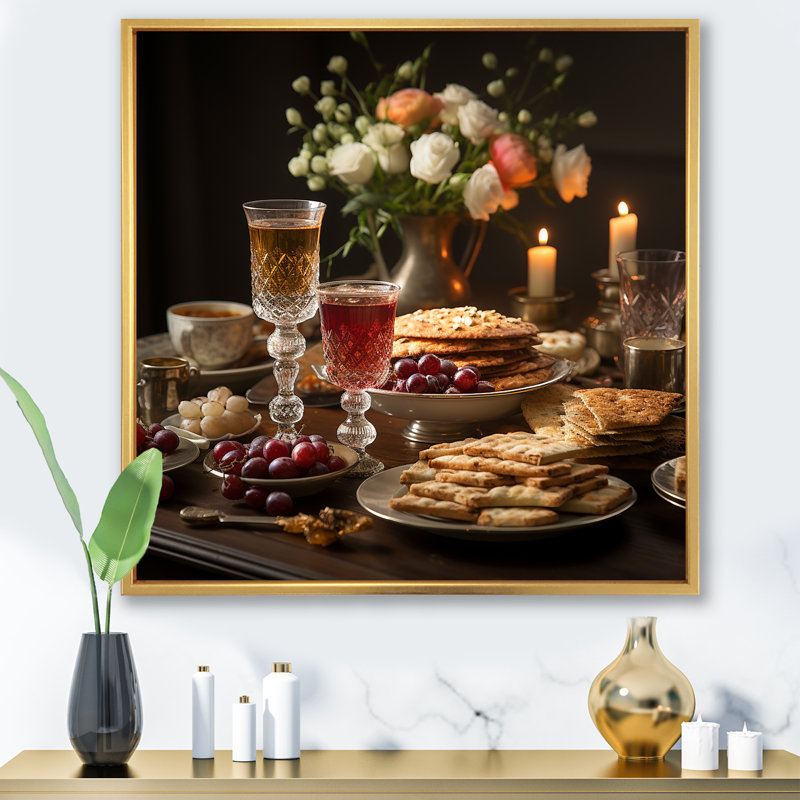 «Judais Matzah Passover Feast II», reproduction sur toile, Cadre flottant doré, H 16 po x l 16 po x P 1 po