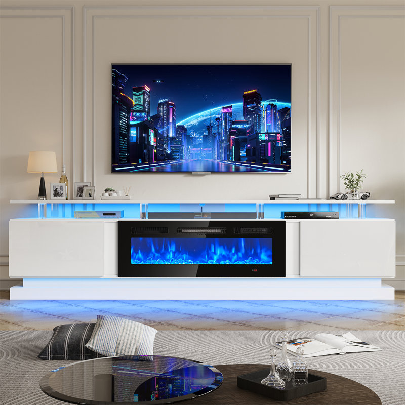 Meuble télé 80 po pour foyer électrique avec 12 couleurs de flamme, DEL de synchro musicale, chaleur réglable, pour téléviseurs jusqu'à 90