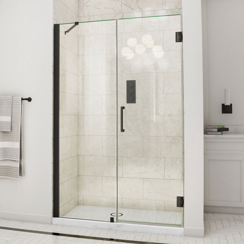 Unidoor 57" W x 72" H Hinged Frameless Shower Door and Fixed Panel with ClearMax Glass Treatment, Matte Black