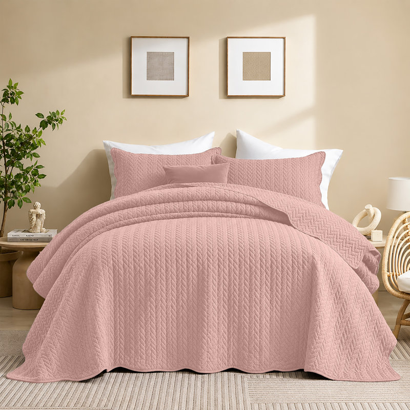 Microfiber Embossed Oversized Modern & Contemporary Bedspread Set With Shams, King Bedspread + 2 Pillowcases, Peach