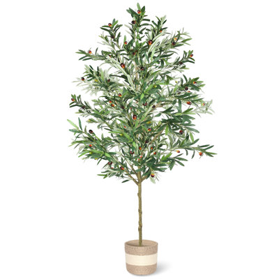 7FT Artificial Olive Tree Indoor Tall Faux with Planter&Basket.Tall Fake Olive Tree with Realistic Leaves and Olives, Sturdy Weighted Base,Large Faux Plants for Home Office, Living Room, Outdoor