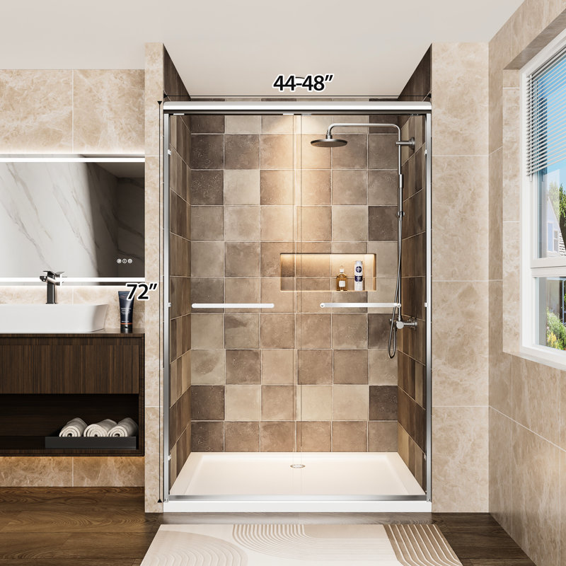 48" W X 72" H Double Sliding Shower Door With Aluminum Frame, 1/4"  6Mm  Tempered Glass And - Shatter Film, Stainless Steel Handles, Easy To Install In Bathroom Door, Clear Proof Dual Reversible