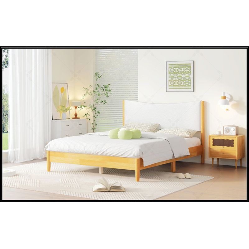 Grand lit en bois d'hévéa massif avec tête de lit tapissier Boucle, rehaussé de pieds de soutien, blanc hêtre